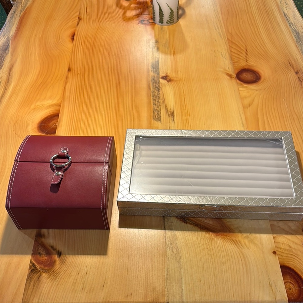 Burgundy Jewelry Box and Silver Ring Case